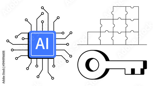 Artificial intelligence concept. Artificial intelligence ed by a circuit board, a key access, and puzzle pieces for problem-solving. Ideal for AI research, cybersecurity, innovation, tech