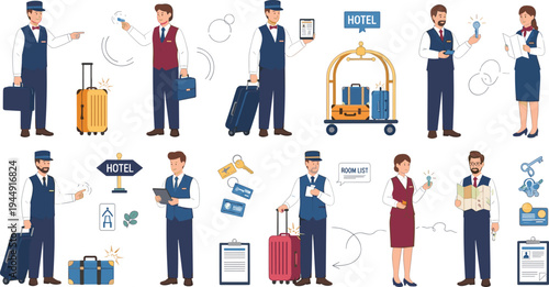 Hotel Staff Character Vector Set Featuring Bellhop Concierge And Receptionist With Luggage Keys Map And Service Icons In Flat Design