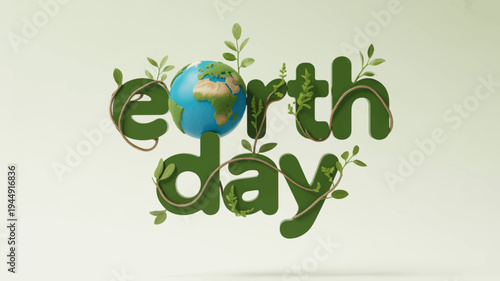 Earth day logo with green leaves and globe on beige background eco friendly symbol