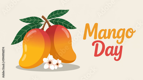 Vibrant illustration of two ripe mangoes with green leaves and white flowers on a beige background celebrating mango day