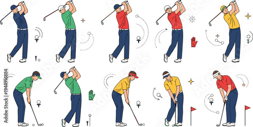 Professional male golfer character collection showing various swing poses and techniques for sports training in flat vector illustration style