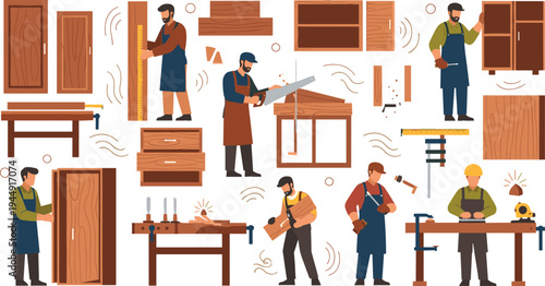 Professional carpenter character set working with wood tools and lumber to create furniture in a workshop for woodworking industry designs