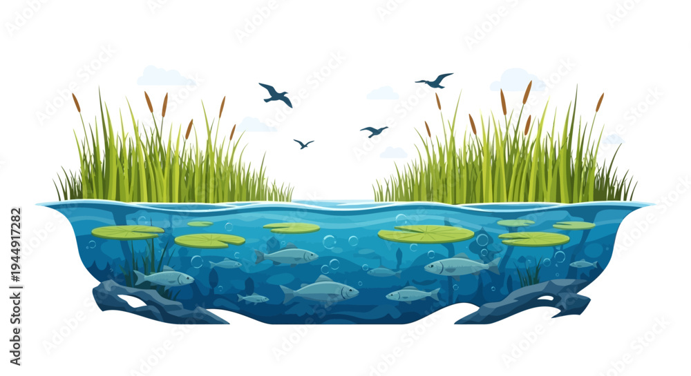 Fototapeta premium Vector illustration of a wetland ecosystem with flora and fauna, featuring a crane, fish, and wetland flowers, celebrating World Wetlands Day on a simple background.