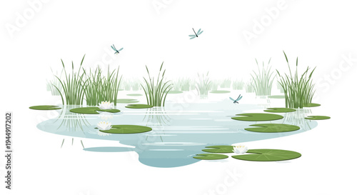 Vector illustration of a serene wetland ecosystem with flora and fauna, featuring a crane, fish, and wetland flowers, celebrating World Wetlands Day on a clean background.