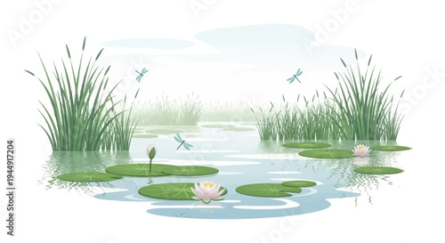 Vector illustration of a serene wetland ecosystem with flora and fauna, featuring a crane, fish, and dragonflies, on World Wetlands Day, set against a clean background.
