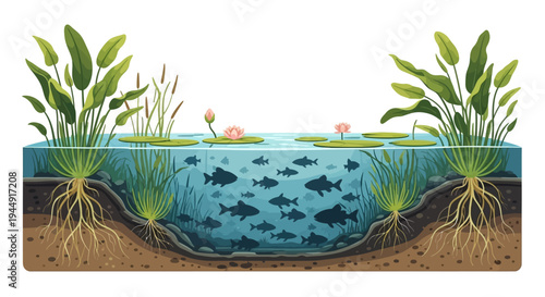 Vector illustration of a wetland ecosystem with flora and fauna, featuring a crane, fish, and wetland flowers, celebrating World Wetlands Day on a clean background.