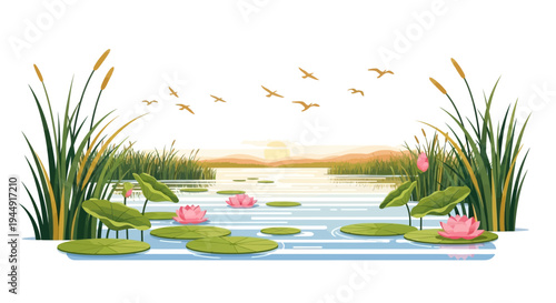 Vector illustration of a serene wetland ecosystem with a crane, fish, and wetland flowers for World Wetlands Day, featuring a natural background with flora and fauna, perfect for design and
