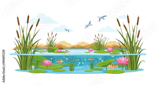 Vector illustration of a serene wetland ecosystem with flora and fauna, featuring a crane, fish, and wetland flowers, celebrating World Wetlands Day on a clean background.