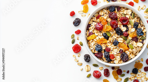 Wallpaper Mural Muesli with dried fruit and seeds in white bowl on white background, colorful healthy breakfast with natural ingredients Torontodigital.ca