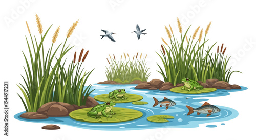 Vector illustration of a serene wetland ecosystem with flora and fauna, featuring a frog on a lily pad, fish swimming, and a crane flying above, celebrating World Wetlands Day on a clean