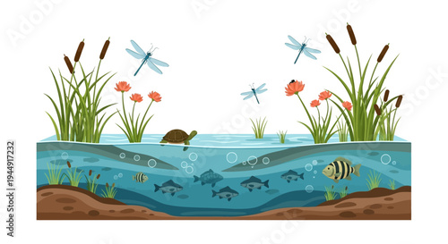 Vector illustration of a wetland ecosystem for World Wetlands Day, featuring flora and fauna like cranes, fish, and flowers in a design icon for business and environmental events.