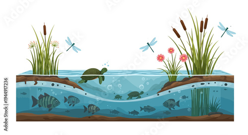 Vector illustration of a wetland ecosystem with flora and fauna, featuring a turtle, fish, crane, and dragonflies, celebrating World Wetlands Day with a vibrant design on a clean background.
