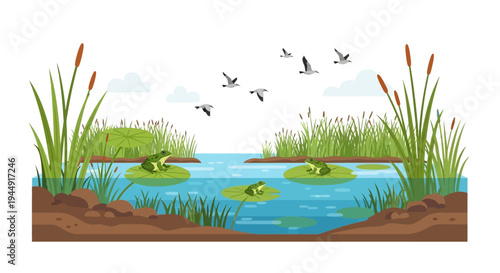 Vector illustration of a wetland ecosystem with flora and fauna, featuring a crane, fish, and wetland flowers, celebrating World Wetlands Day on a white background.
