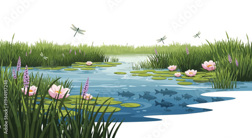 Vector illustration of a serene wetland ecosystem with a crane, fish, and dragonflies on World Wetlands Day, featuring flora and fauna in a natural setting.