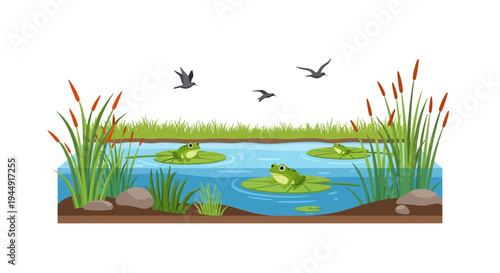Vector illustration of a serene wetland ecosystem with flora and fauna, featuring a crane, fish, and wetland flowers, celebrating World Wetlands Day on a natural background.
