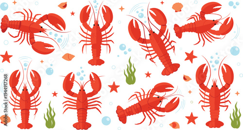 Red lobster character collection in various poses with marine elements like starfish shells and bubbles in flat vector illustration style