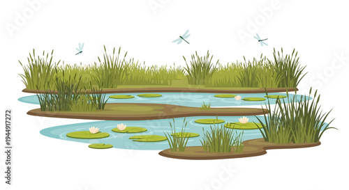 Illustration of a serene wetland ecosystem with flora and fauna, featuring a crane, fish, and wetland flowers, celebrating World Wetlands Day on a clean background.