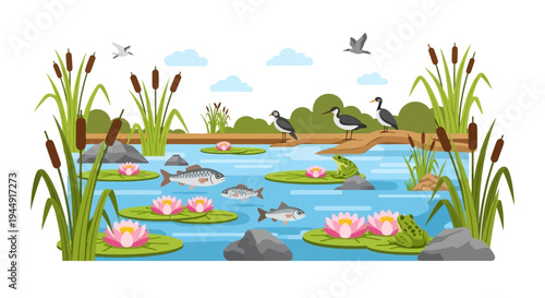 Vector illustration of a wetland ecosystem with flora and fauna, featuring a crane, fish, and wetland flowers, celebrating World Wetlands Day on a natural background.