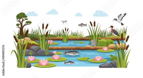 Vector illustration of a wetland ecosystem with flora and fauna, featuring a crane, fish, and wetland flowers, celebrating World Wetlands Day on a clean background.