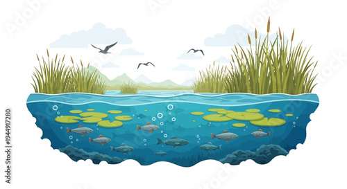 Vector illustration of a vibrant wetland ecosystem with flora and fauna, featuring a crane, fish, and wetland flowers, celebrating World Wetlands Day on a clean background.
