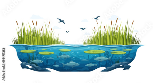 Vector illustration of a wetland ecosystem with flora and fauna, featuring a crane, fish, and wetland flowers, celebrating World Wetlands Day on a simple background.