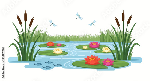 Vector illustration of a vibrant wetland ecosystem with flora and fauna, featuring a crane, fish, and wetland flowers, celebrating World Wetlands Day on a white background.
