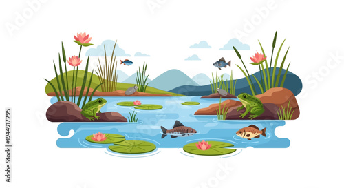 Vector illustration of a vibrant wetland ecosystem with flora and fauna, featuring a crane, fish, and wetland flowers, celebrating World Wetlands Day on a white background.