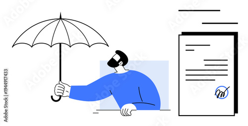 Man holding an open umbrella and shielding a signed document. Ideal for protection, insurance, legal support, responsibility, coverage, safety, and trust. Simple flat metaphor