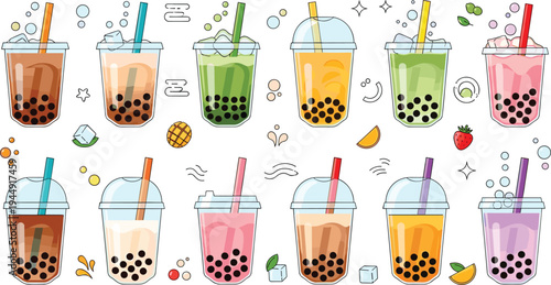 Large collection of colorful bubble tea or boba tea drinks with tapioca pearls fruit flavors and ice in vector