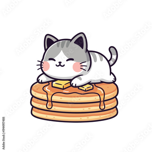 Sweet cartoon cat taking a peaceful nap on a delightful stack of golden pancakes with syrup and melting butter, a charming breakfast illustration