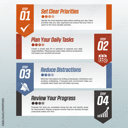 Daily Task Management Infographic: An informative infographic lays out a clear, concise guide to efficient daily task management. Step-by-step instructions.