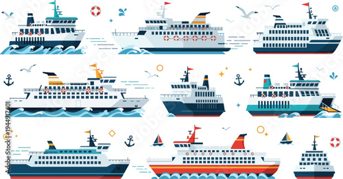 Collection of passenger ships and ferry boats icons in flat vector style for maritime transport tourism and sea travel illustration
