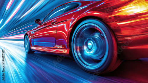Wallpaper Mural Red sports car speeding on road with motion blur and dynamic light streaks creating energetic and fast atmosphere Torontodigital.ca