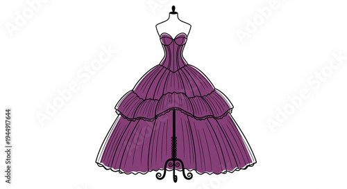 Vector illustration of a purple strapless ball gown on a mannequin