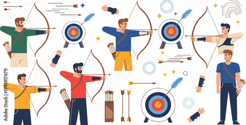 Collection of professional male archer characters shooting arrows at targets with bows for sports training and goal achievement vector
