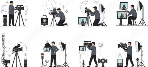 Professional video production crew vector illustration set with cameramen filming movie using cameras lights microphones and studio equipment
