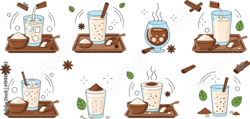 Flat line vector illustration set of coffee and milk tea drinks with cinnamon spices star anise sugar and ice
