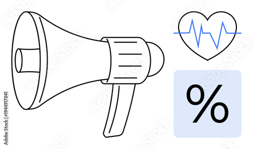 Marketing, health awareness, data analysis, public health communication, statistics, education. A megaphone, heart with a heartbeat line and a percentage sign. Health awareness and data analysis