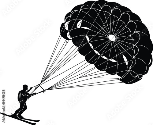 Paraskiing silhouette vector illustration featuring athlete with parachute and skis for extreme winter sports and mountain adventure design