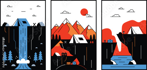 Modern camping poster set featuring mountain landscapes waterfalls and tents in flat vector style for outdoor adventure and travel