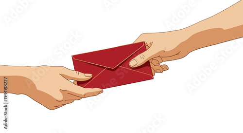 Illustration of two hands giving and receiving a red envelope on a white background, symbolizing the tradition of exchanging gifts during Chinese New Year.