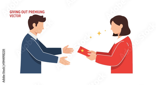 Illustration of a man and woman exchanging red envelopes on Chinese New Year day with a joyful and traditional atmosphere.