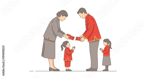 Illustration of a family giving out red envelopes on Chinese New Year day with a traditional and joyful mood.