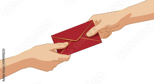 Illustration of two hands giving and receiving a red envelope on a white background, symbolizing a traditional Chinese New Year gesture.