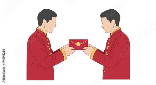 Illustration of two men in red traditional attire giving out red envelopes to each other on a white background, symbolizing Chinese New Year celebration and cultural tradition.