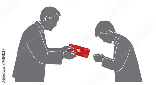 Vector illustration of two people giving and receiving a red envelope on a white background, symbolizing a Chinese New Year tradition.