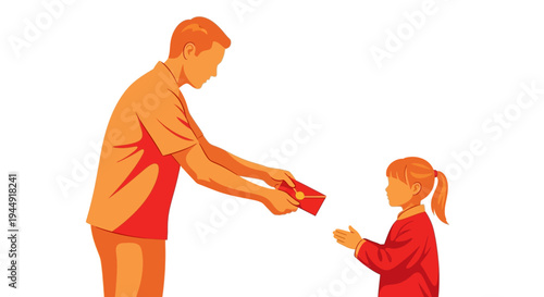 Illustration of a man giving red envelopes to a young girl on Chinese New Year day with a simple background.