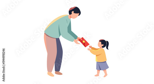 Illustration of a man giving a red envelope to a little girl on a white background, symbolizing the tradition of giving out red envelopes during Chinese New Year.