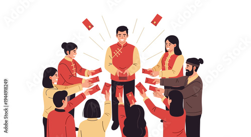 Illustration of a Chinese family giving out red envelopes on Chinese New Year day with joyful people in a traditional celebration layout.