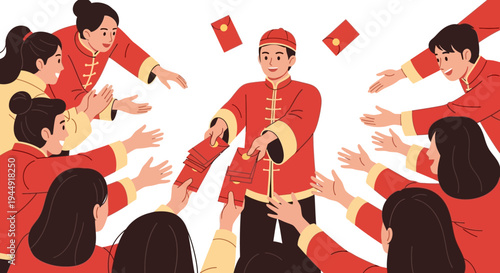 Illustration of a Chinese man giving out red envelopes to a group of people on Chinese New Year with a joyful and festive atmosphere.
